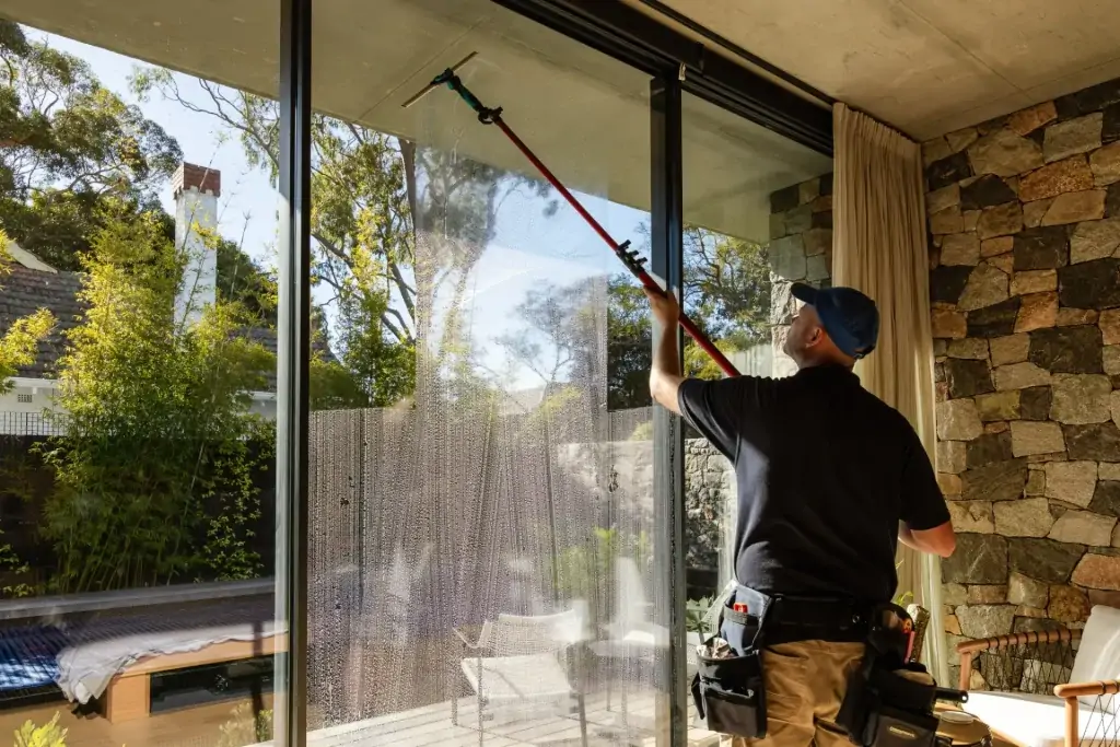 A person uses a long-handled tool to clean large glass sliding doors inside a modern room with stone walls and outdoor views, showcasing a professional approach to window cleaning Perth residents can rely on.