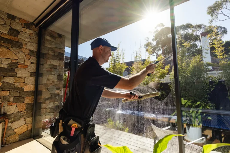 Cleaning a glass sliding door with squeegee and bucket at a Perth residence