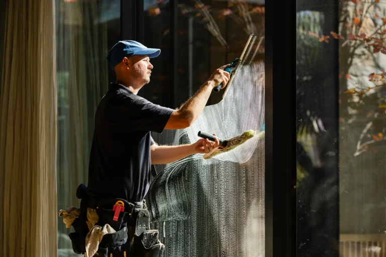 Window cleaning with squeegee and cloth in bright sunlight by a Coates technician