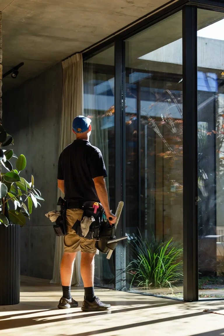 Coates Window Cleaning technician with tools ready before large glass doors in Perth